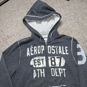 Aeropostale Hoodie Mens XL Gray Full Zip Est. 1987 Graphic Fleece Sweatshirt
